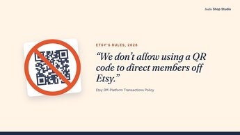 Etsy's policy line about QR codes shown as a pull quote next to a crossed-out QR code